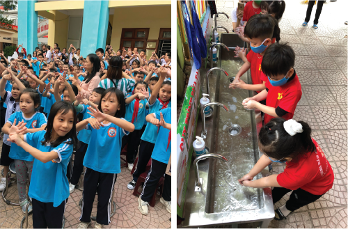 Children practicing hand washing.