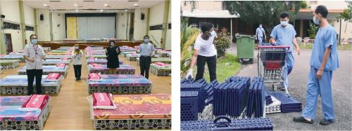 On the left, setting up a low-risk centre for more stable patients. On the right, turning a dental hostel into a low-risk COVID-19 centre.