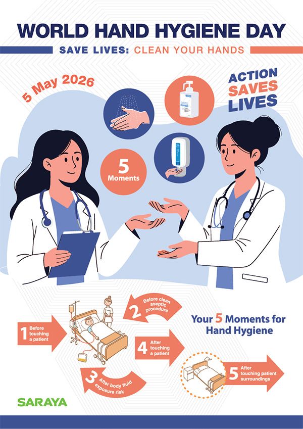 Why is sharing knowledge about hand hygiene still so important? Because it helps stop the spread of harmful germs in healthcare. Save Lives Clean your Hands. 5 May 2026 SARAYA poster 2